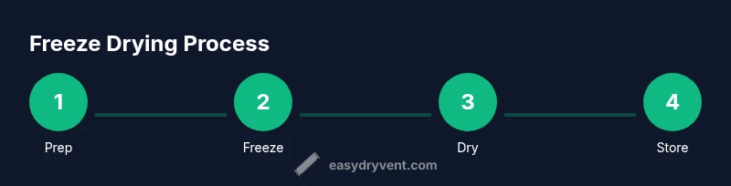 Diagram showing four stages of freeze drying: prep, freeze, dry, store