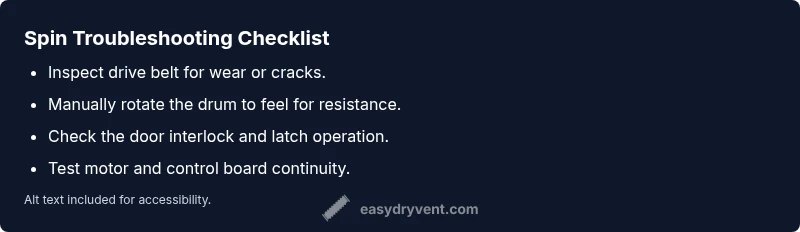 Checklist infographic showing common causes and steps to fix Samsung dryer not spinning