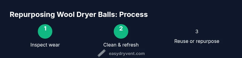Process infographic showing inspect, clean, reuse stages for wool dryer balls